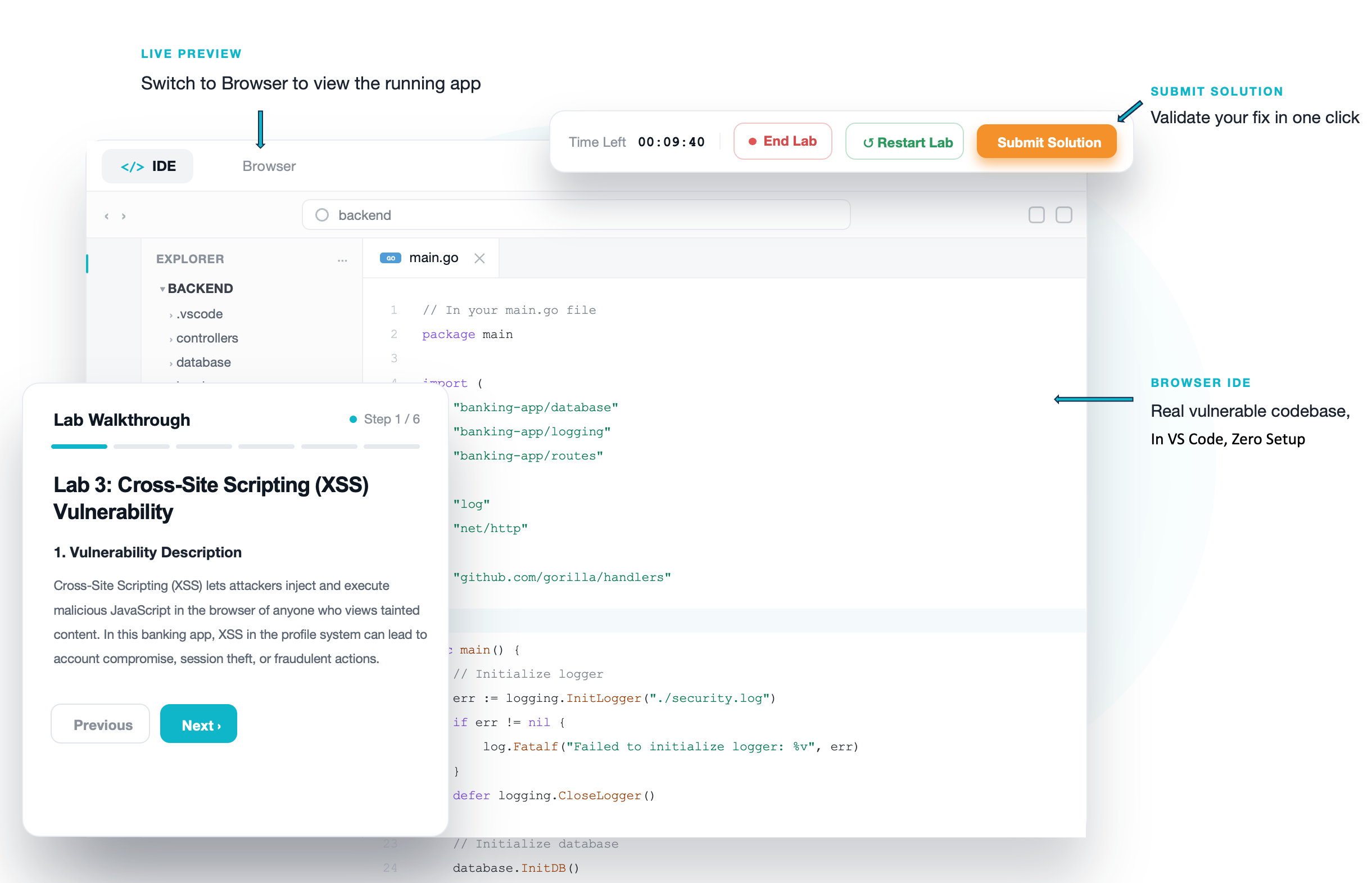 Appfend labs interface showing a Cross-Site Scripting lab open in a browser-based IDE