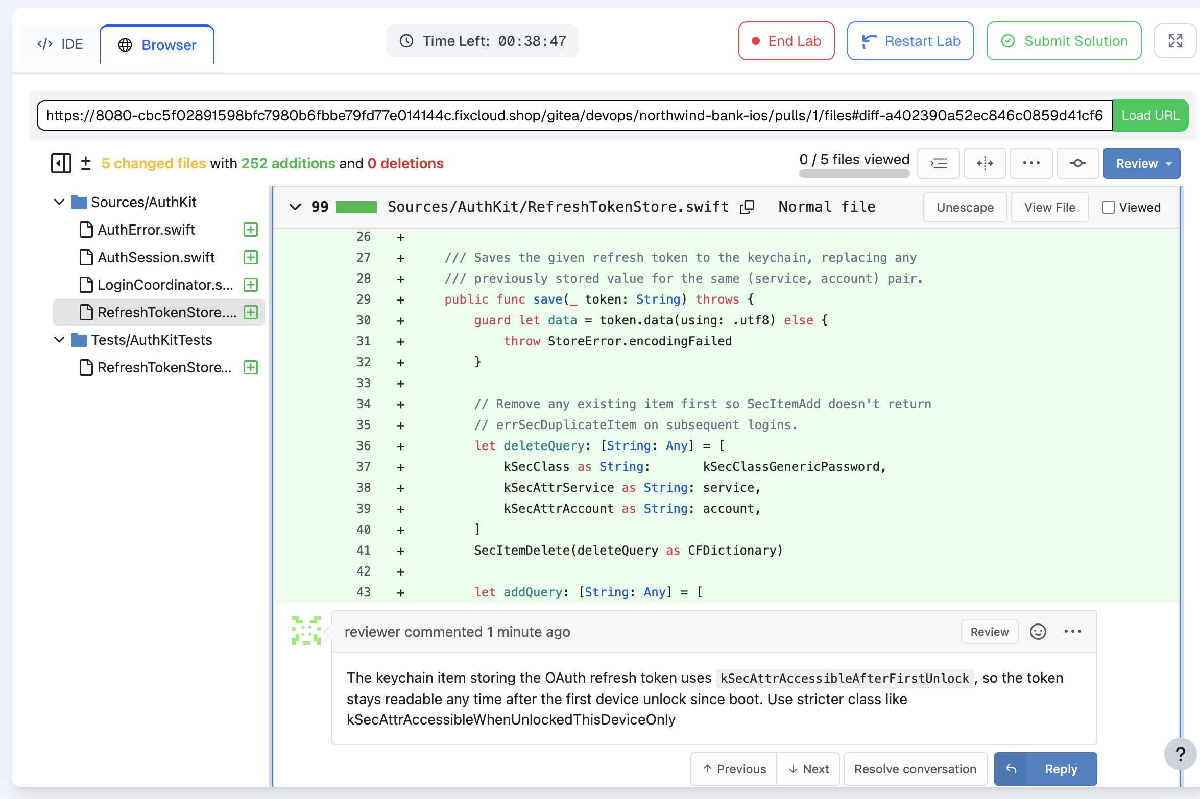 Appfend code-review lab — a hosted Git pull request open in the browser with inline review comments and an AI tutor panel