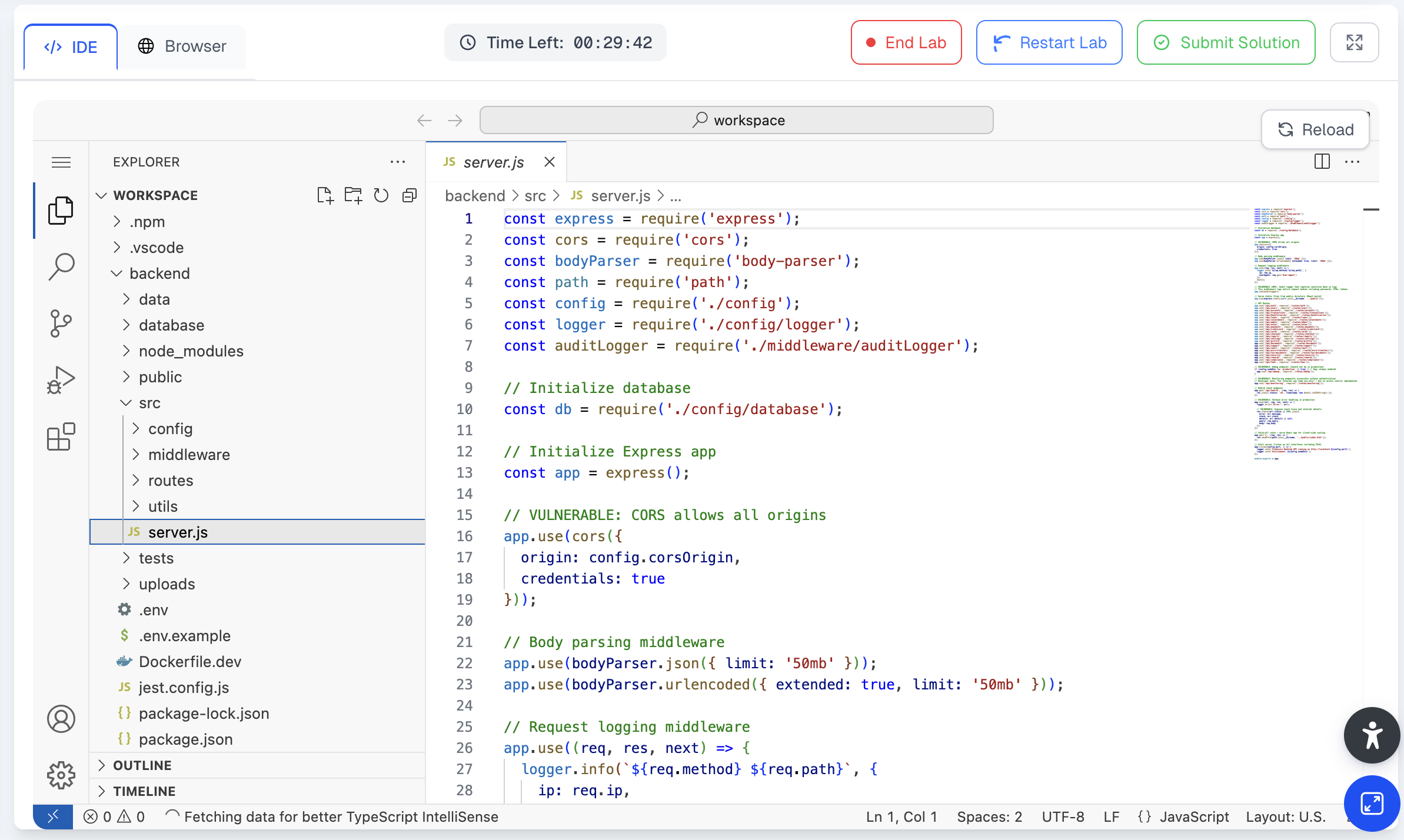 Appfend hack-and-fix lab — a VS Code-style IDE with vulnerable code, an integrated terminal, and AI tutor guidance